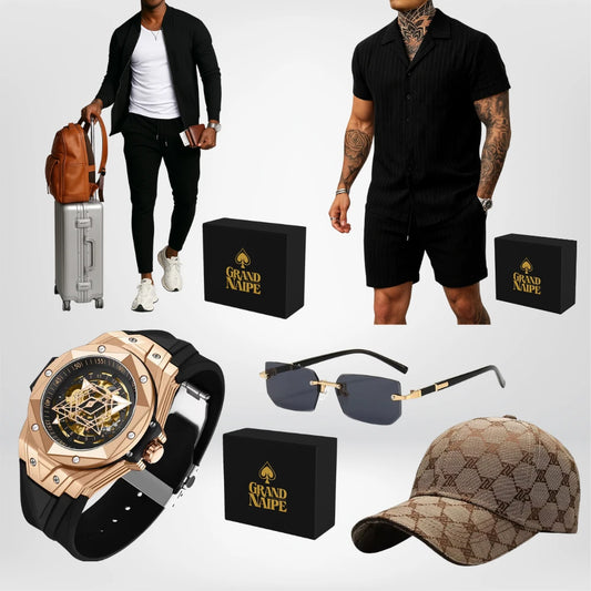 Kit Grand Naipe - Ascensão Total | Relógio + Óculos + Boné + Jaqueta + Calça + Camiseta + Regata + Short